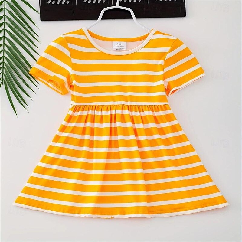 3pcs Girls Charming Short Sleeve Dress Set - Adorable Striped & Polka Dot Print with Sunflower Accent - Lightweight Summer Wear for Parties and Gifts4