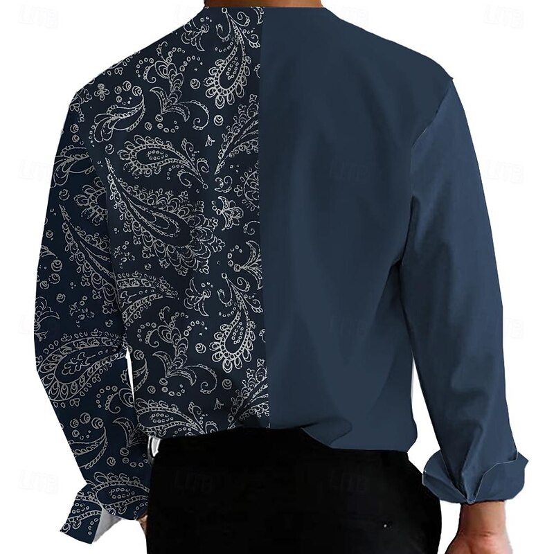 Men's Shirt Formal Daily Blue Long Sleeve V Neck Summer Spring Clothing Apparel Print2