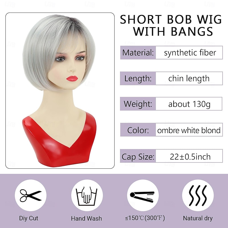 Short Ombre White Blonde Bob Wigs for White Women with Bangs Chin Length Layered Mixed Blonde Cute Straight Pixie Bob Wig Synthetic Natural Looking Daily Party Wig3