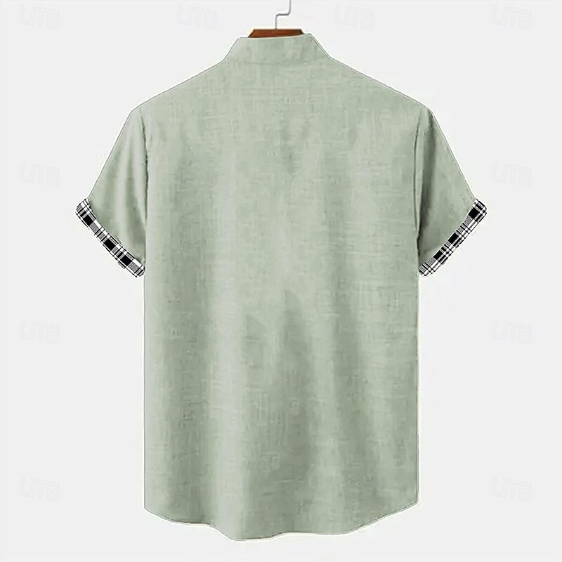 Men's Linen Shirt Beach Shirt Plaid Checkered Outdoor Casual Pink Green Short Sleeve Stand Collar Summer Spring Clothing Apparel Print2