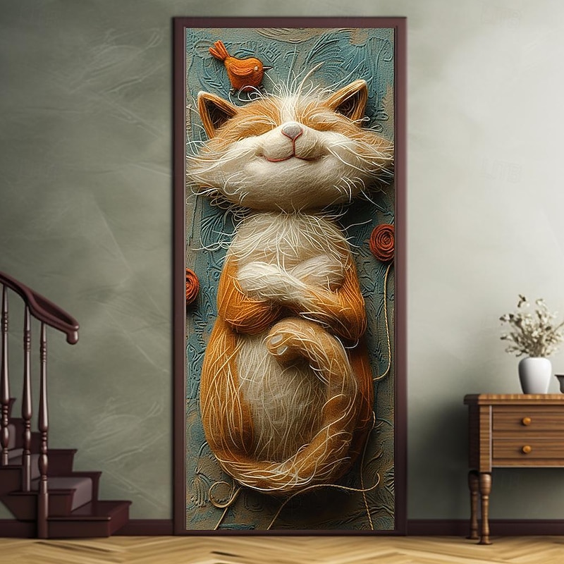 Cute Fur Cat Door Covers Mural Decor Door Tapestry Door Curtain Decoration Backdrop Door Banner Removable for Front Door Indoor Outdoor Home Room Decoration Farmhouse Decor Supplies2