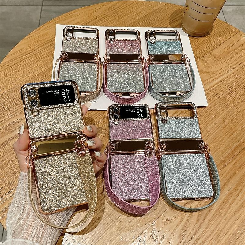 Phone Case For Samsung Galaxy Z Flip 6 Z Flip 5 Z Flip 4 Z Flip 3 Back Cover with Wrist Strap Bling Glitter Shiny Shockproof Plating PC Metal