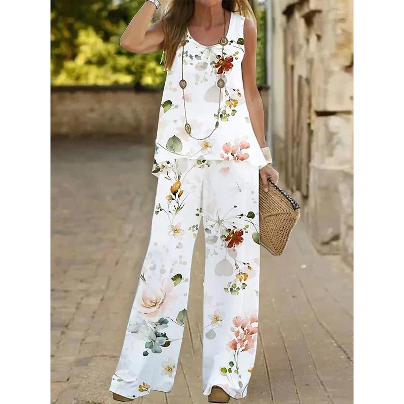 Women's Fashion Tank Top Pants Sets Wide Leg Pants Trousers Sleeveless Round Neck Floral Print Holiday Weekend White Ivory Light Green Summer Regular Fit3