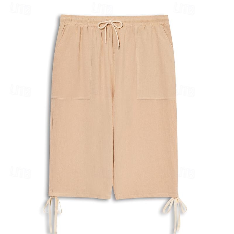 Men's Capri Pants Linen Shorts Summer Shorts Beach Shorts Pocket Elastic Waist Drawstring Plain Soft Breathable Calf-Length Sports Outdoor Casual Black Blue4