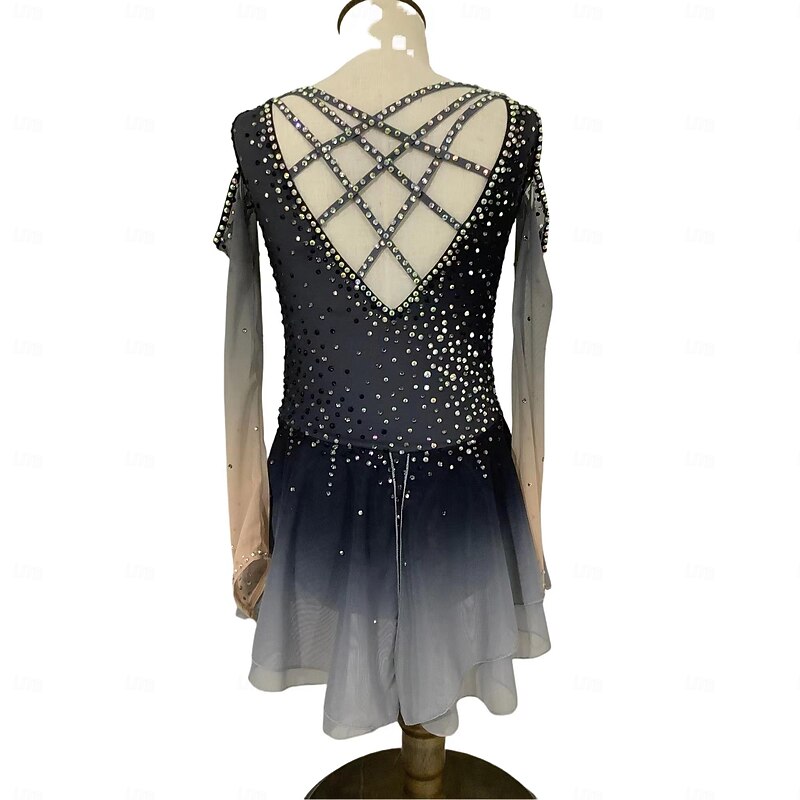 Figure Skating Dress Women's Girls' Ice Skating Dress Dark Gray Thumbhole Halo Dyeing Mesh Spandex Stretchy Training Practice Professional Skating Wear Thermal Warm Classic Crystal / Rhinestone Long