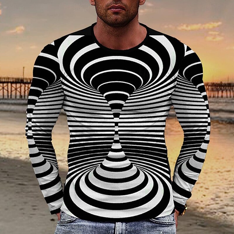 Men's Geometric Spiral Stripe T Shirt Long Sleeve T shirt 3D Print Crew Neck Shirt Fashion Exaggerated Designer Party Street Going out Black And White Summer Spring Clothing Apparel S M L XL XXL XXXL