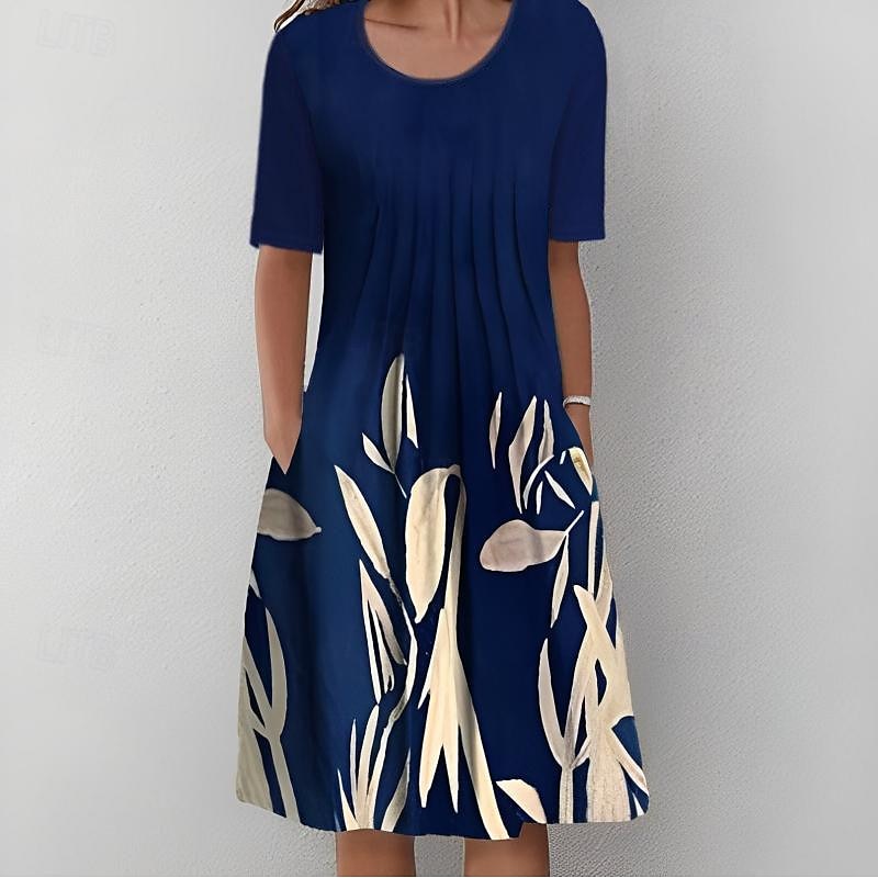 Women's Midi Dress Casual Dress Shift Dress Navy Blue Short Sleeve Floral Ruched Spring Summer Crew Neck Basic Daily Vacation Weekend 2023 S M L XL XXL 3XL