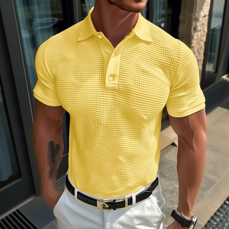 Men's Waffle Polo Shirts Polo Shirts Casual Holiday Lapel Ribbed Polo Collar Short Sleeve Fashion Basic Plain Buttons Soft Summer Spring Regular Fit Sillver Gray Light Yellow milk white Dark red