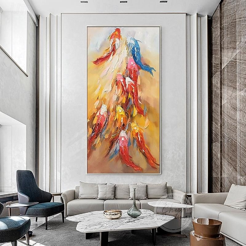 Fancy 9 Koi Fish oil painting  handmade Gold Abstract wall art painting hand painted Fengshui Oil Painting Orange Blue Red fish painting handmade Heavy texture palette knife Acrylic painting for decor4