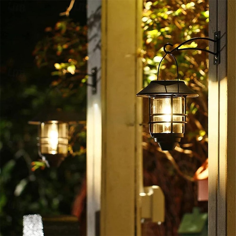 Solar Iron Lampshade Tungsten Filament Bulb Black Powered Wall Lamp Outdoor Retro Lantern Hanging Wall Lamp Waterproof Retro Metal Solar Garden Lamp Villa Porch Lighting 1pc