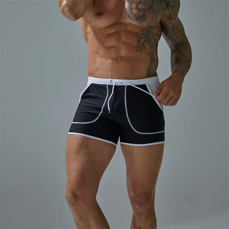 Men's Board Shorts Swim Shorts Swim Trunks Patchwork Drawstring Elastic Waist Color Block Comfort Quick Dry Short Holiday Beach Weekend Fashion Casual Lake blue Black Micro-elastic4