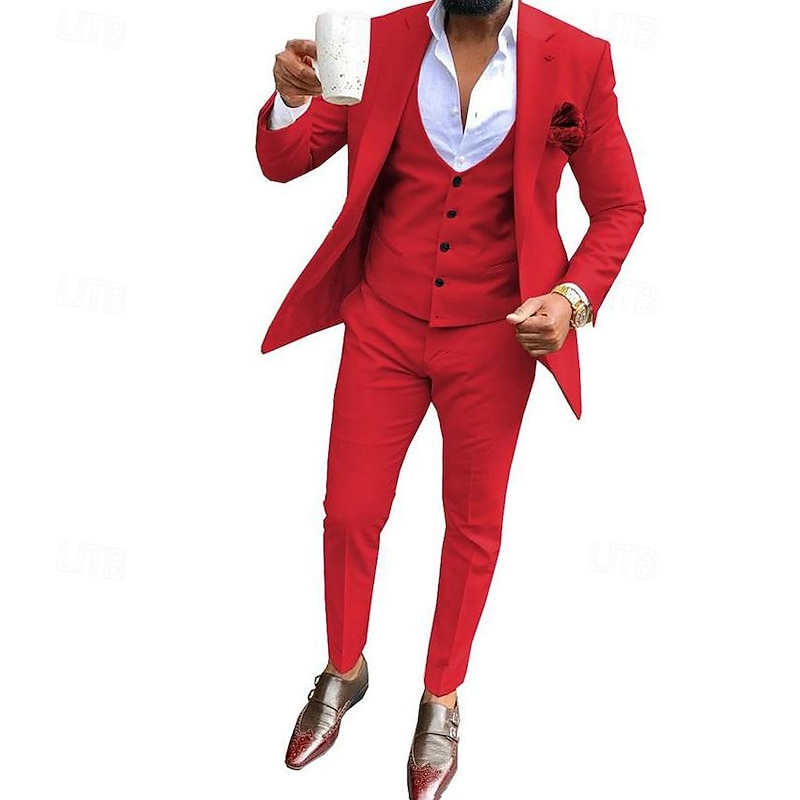 Men's Wedding Suits Notch White Red Solid Colored Standard Fit 3 Piece Single Breasted One-button4
