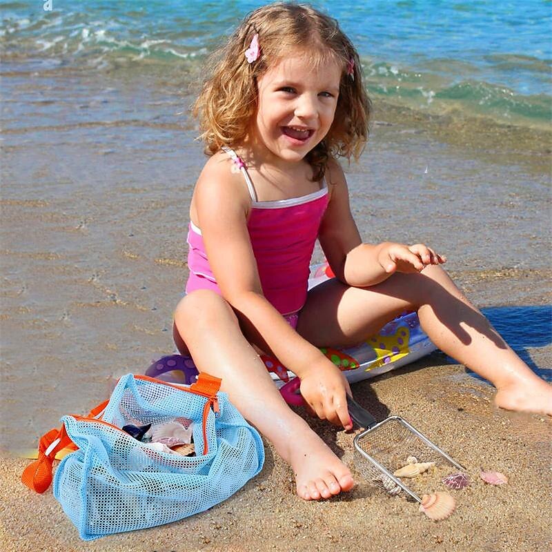 Beach Mesh Shovel With Mesh Beach Bag For Shell Collecting Filter Sand Scooper For Picking Up Shells Shark Tooth Sifter Dipper Beach Toy Storage4