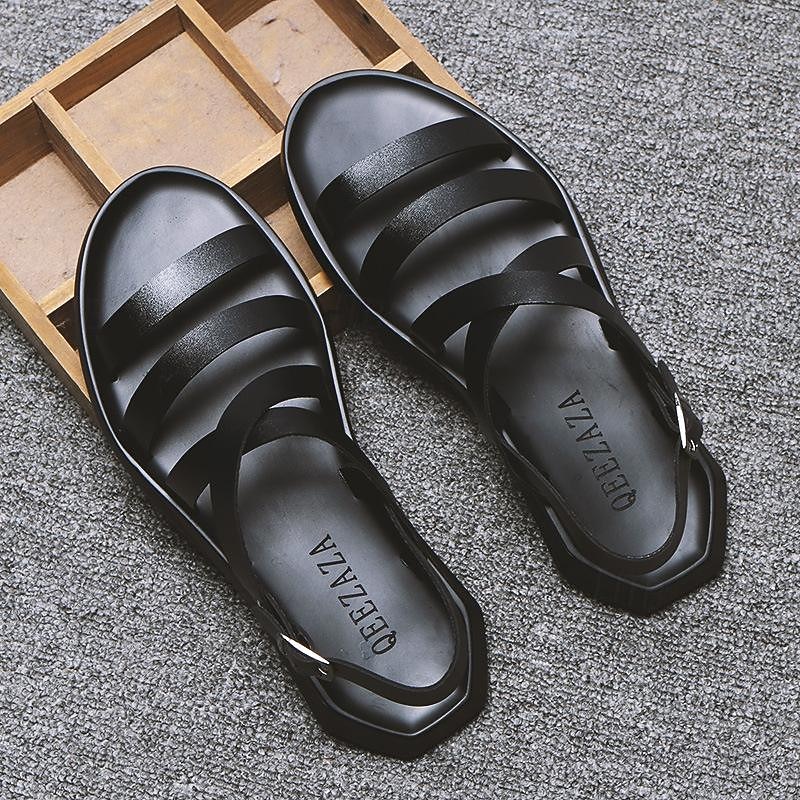 Men's Black Minimalist Faux Leather Sandals - Stylish Cross Strap Design with Buckle Closure for Summer Casual Wear