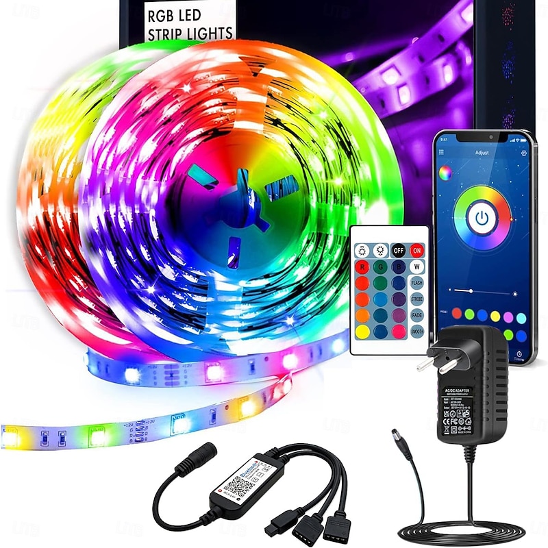 LED Strip Light Kit 16.4-65.6 ft Intelligent Bluetooth   APP Controlled RGB Music Synchronized Color Changing with Timed DIY Bedroom Decoration for Holiday Party Bedroom Children's Room Decoration
