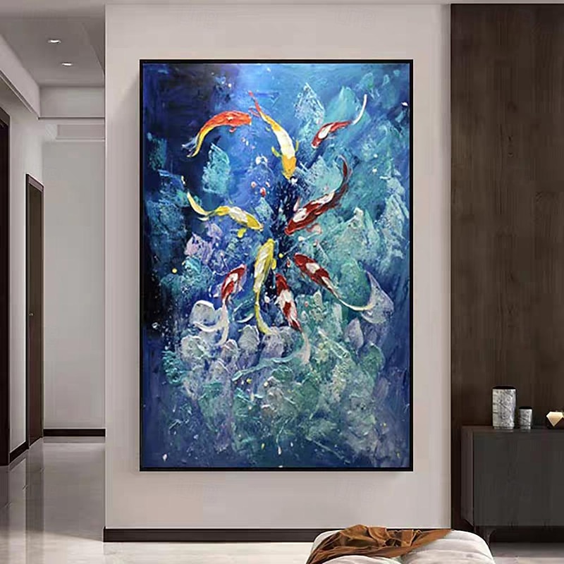 Mintura Handmade Koi Carp Oil Paintings On Canvas Wall Art Decoration Modern Abstract Fish Animals Picture For Home Decor Rolled Frameless Unstretched Painting