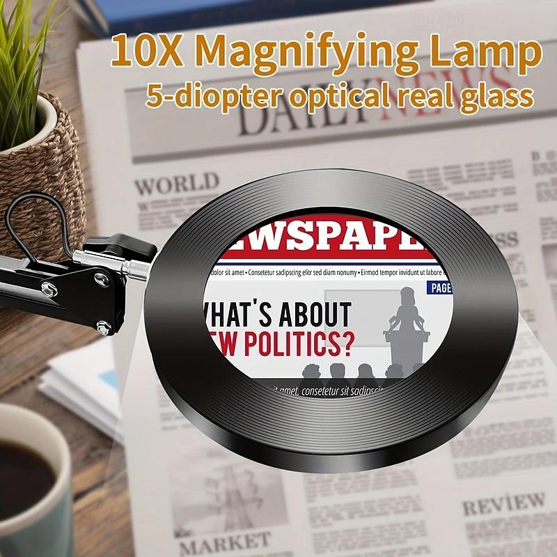 10X Magnifying Glass with Light Hands Free, 2-in-1 Stepless Dimmable LED Magnifying Desk Lamp with Stand, Craft Light Lamp with 3 Color Modes for Close Work Reading Repair Crafts3