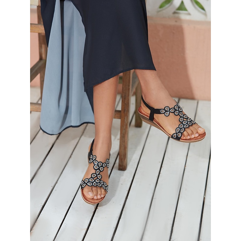 Women's Boho Rhinestone T-Strap Wedge Sandals – Summer Floral Design with Elastic Ankle Strap for Beach and Casual Wear3