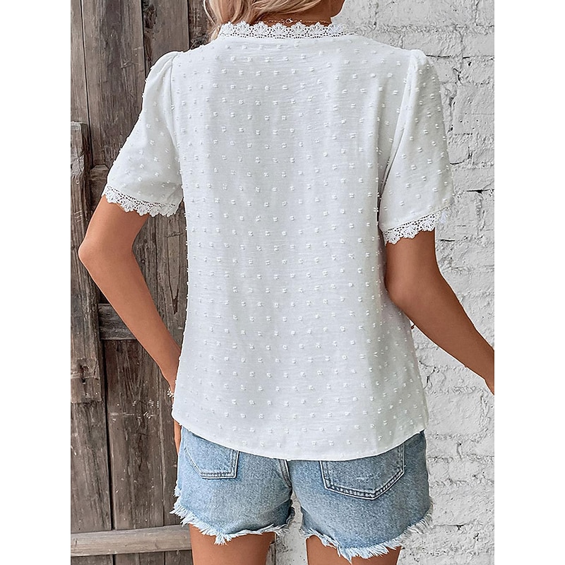 Women's Shirt Blouse Casual Lace Short Sleeve Regular Tops V Neck Daily White Army Green Navy Blue Khaki Summer3