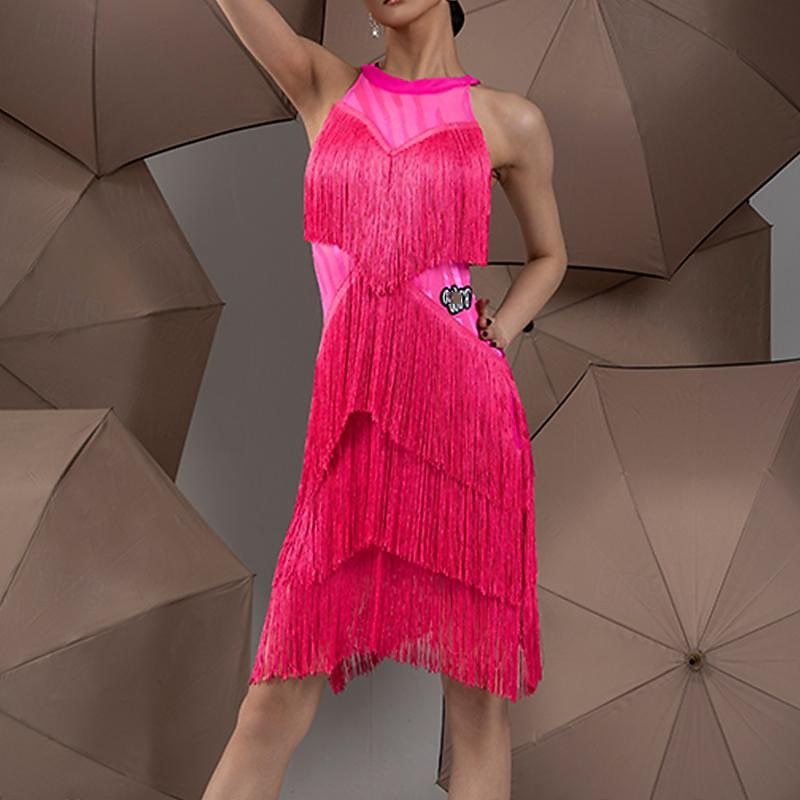 Latin Dance Exotic Dancewear Latin Salsa Dance Dress Tassel Women's Performance Daily Wear Sleeveless Chinlon