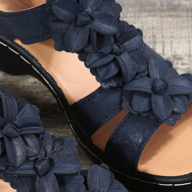 Women's Navy Blue Floral Sandals - Stylish Flat Shoes with Flower Accents for Casual Summer Wear3