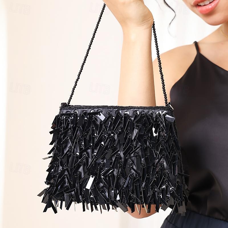 Luxurious Black Evening Clutch with Sparkling Crystal Fringe and Beaded Detail - Perfect for Formal Occasions