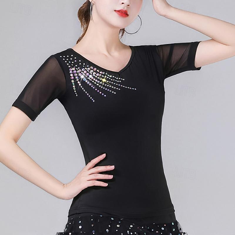 Latin Dance Ballroom Dance Top Pure Color Splicing Crystals / Rhinestones Women's Performance Training Short Sleeve High Polyester2