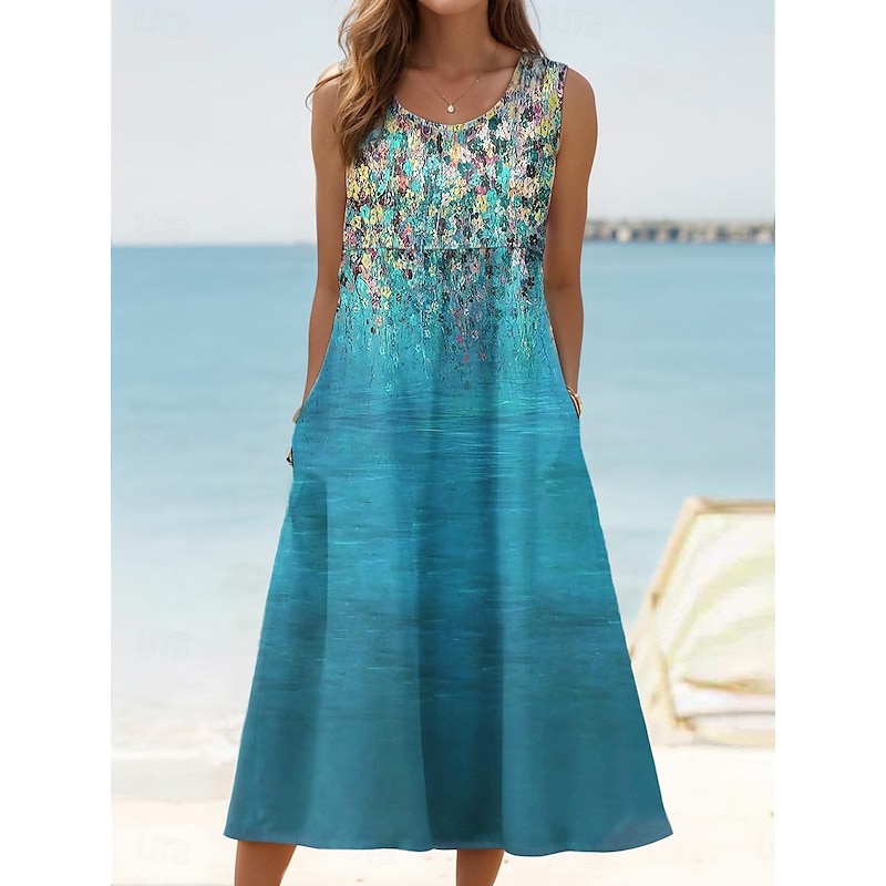 Women's Sundress Tank Dress Summer Dress Print Dress Active Fashion Hawaiian Vacation Holiday Beach Loose Fit Sleeveless Crew Neck Aqua Blue Cream Wine Red Summer Spring2