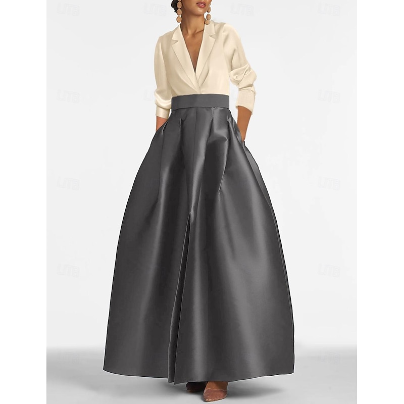 A-Line Evening Gown Elegant Dress Tuxedo Dress Wedding Black Tie Floor Length Long Sleeve V Neck Fall Wedding Guest Satin with Ruched Pocket4