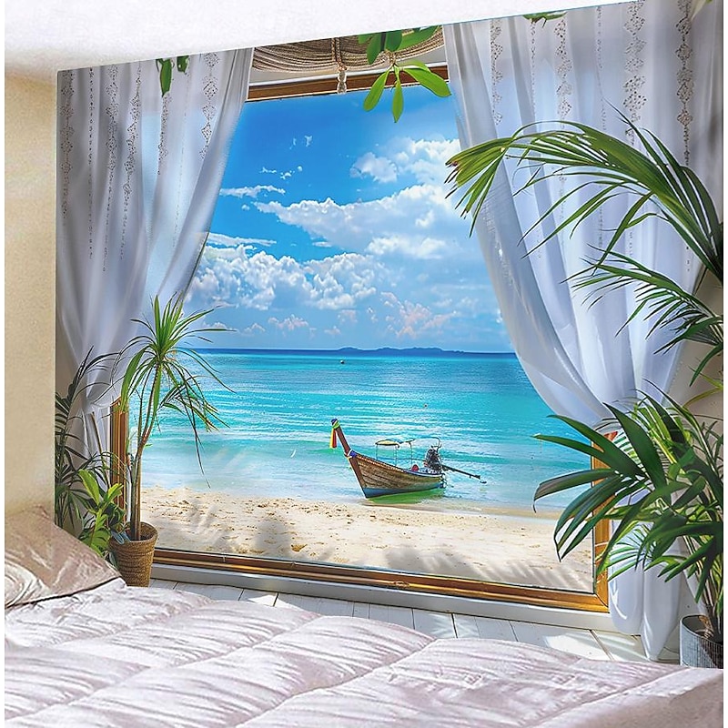Window Ocean Boat Hanging Tapestry Wall Art Large Tapestry Mural Decor Photograph Backdrop Blanket Curtain Home Bedroom Living Room Decoration2