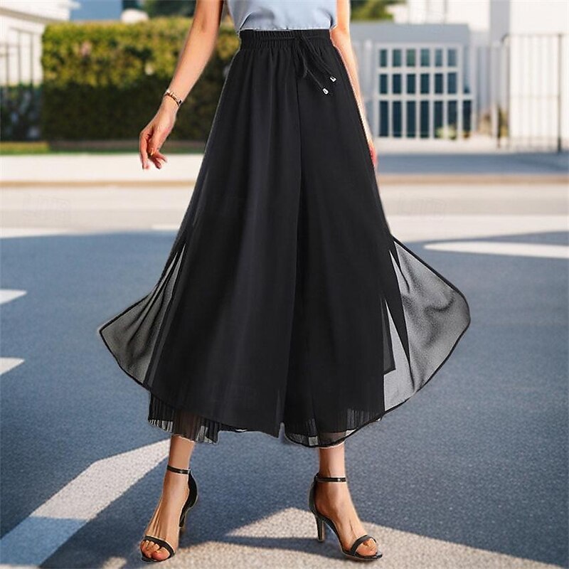 Women's Normal Wide Leg Swing Skort Elegant Casual Daily Ankle-Length High Waist Solid Colored Pleated Patchwork Elastic Waist Comfortable Micro-elastic Daily Wear Casual Daily Black White Blue3