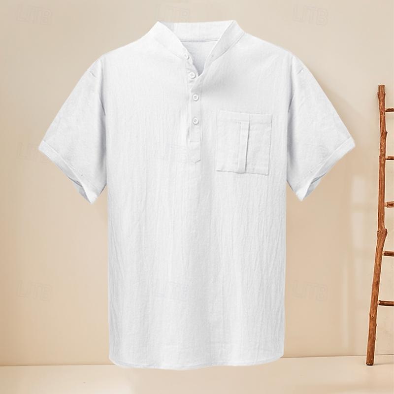 Men's Shirt Chinese Collar Shirt Mandarin Collar Shirt Popover Shirt Casual Shirt Cotton Shirt Plain Vacation Street Black White Yellow Blue Short Sleeve Henley Summer Clothing Apparel Button-Down