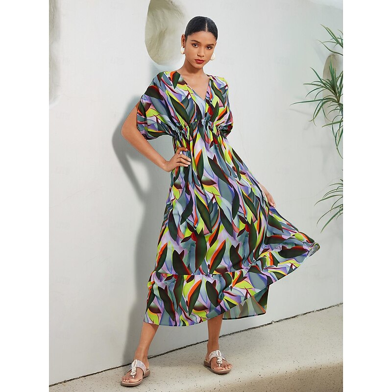 Plants Print V Neck Maxi Dress2