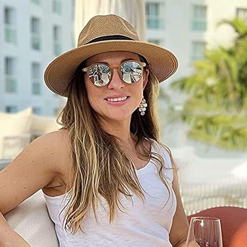 Women's Hat Straw Hat Sun Hat Portable Windproof Breathable Street Daily Weekend Splice Pure Color 2025 - $6.99