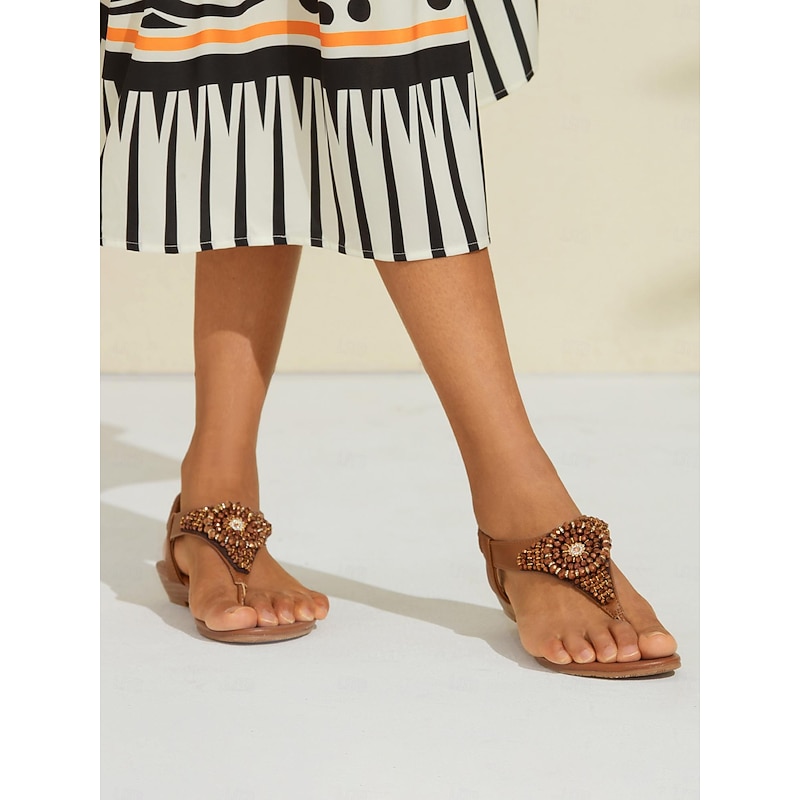 Women's Boho Beach Black T-Strap Flat Sandals with Elegant Beaded Embellishments | Sophisticated Evening Summer Footwear 5