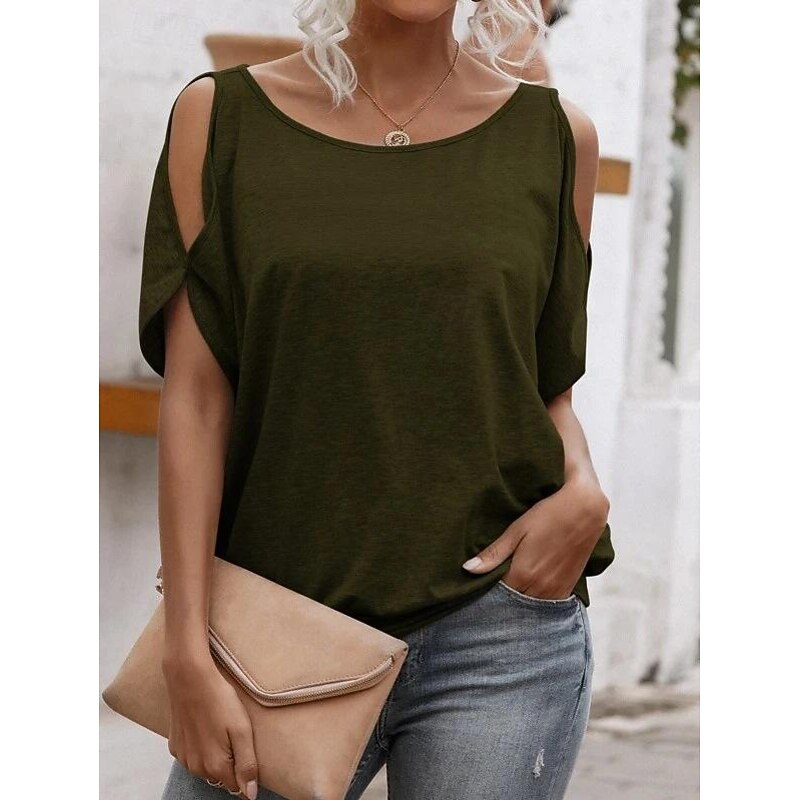 Women's T Shirt Plain Fashion Short Sleeve Round Neck Regular Tops Daily Weekend Cut Out White Pink Green Gray Summer