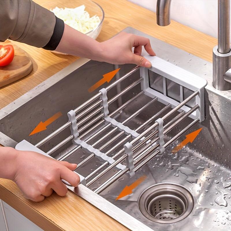 1pc Kitchen Sink Drain Rack Vegetable Sink Drain Basket Vegetable Washing Filter Rack Dishwashing Storage Rack Adjustable Pull-out Drain Rack Optional Size Multifunctional And Multi Scene Use3