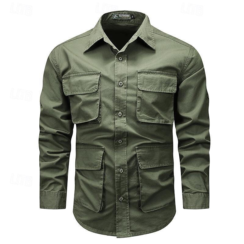 Men's Shirt Workwear Shirts Casual Shirt Work Shirt Button Up Shirt Cargo Shirt Black khaki Army Green Long Sleeve Plain Turndown Vacation Holiday Front Pocket Clothing Apparel Fashion Casual 5