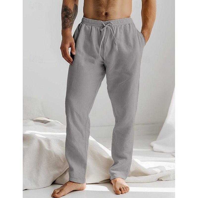 Men's Linen Pants Trousers Summer Pants Drawstring Elastic Waist Plain Comfort Soft Full Length Daily Beach Fashion Simple White Blue Micro-elastic4