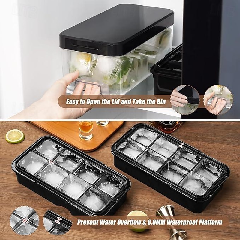 Large Ice Cube Tray with Lid and Bin Ice Trays for Freezer 2 INCH Whiskey Ice Cubes Mold 1*8 pcs Square Ice Cube Mold with Tong Easy to Release Large Ice Tray for Whiskey Cocktail Bourbon4