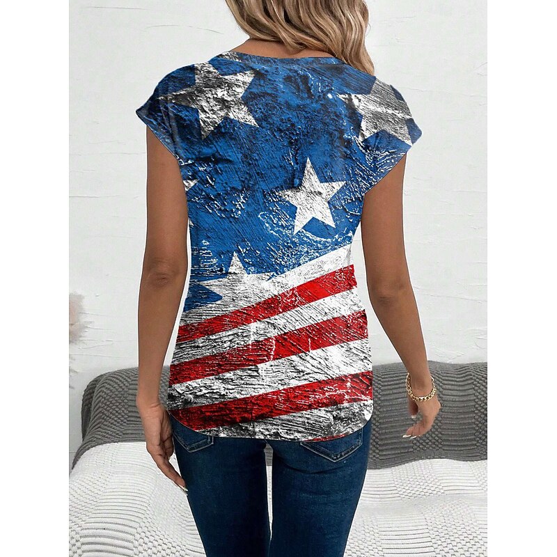 Women's Patriotic  Camisole Tank Top American Flag Casual Short Sleeve V Neck Regular Tops Daily Blue Summer2