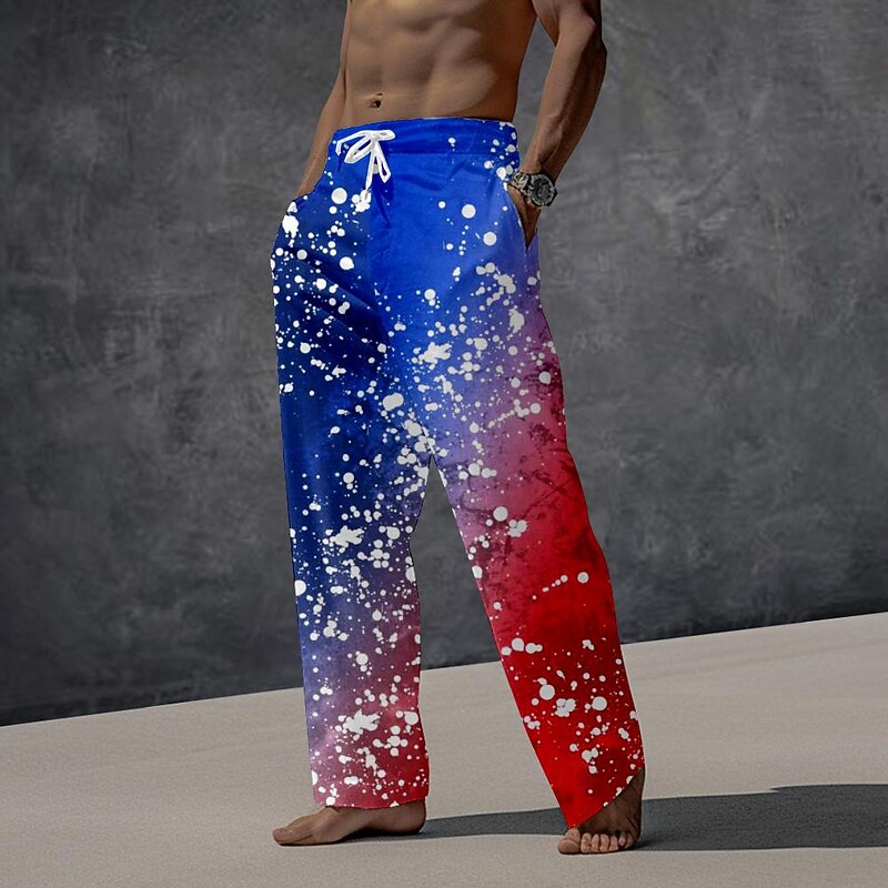 Men's Hawaiian Holiday Casual Flag American Flag Trousers Pants Trousers 3D Print Pocket Straight Leg Trousers Mid Waist Party Evening Dailywear Vacation Summer Spring Blue Relaxed Fit Inelastic
