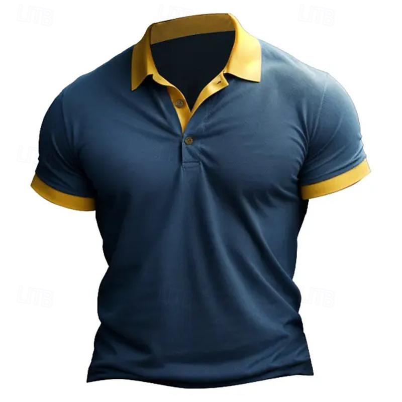 Men's Golf Shirt Golf Polo Work Casual Lapel Short Sleeve Basic Modern Color Block Patchwork Button Spring & Summer Regular Fit Wine Black Blue Brown Golf Shirt
