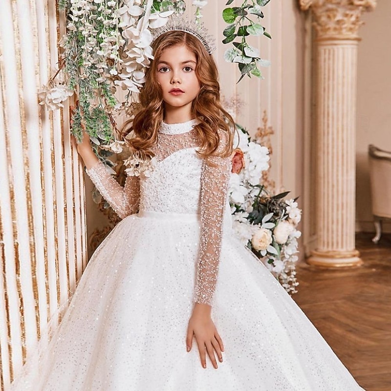 Kids Girls' Flower Girl Dress Party Dress Solid Color Long Sleeve Performance Wedding Party Mesh Princess Sweet Mesh Mid-Calf Sheath Dress Tulle Dress Summer Spring Fall 2-12 Years White2