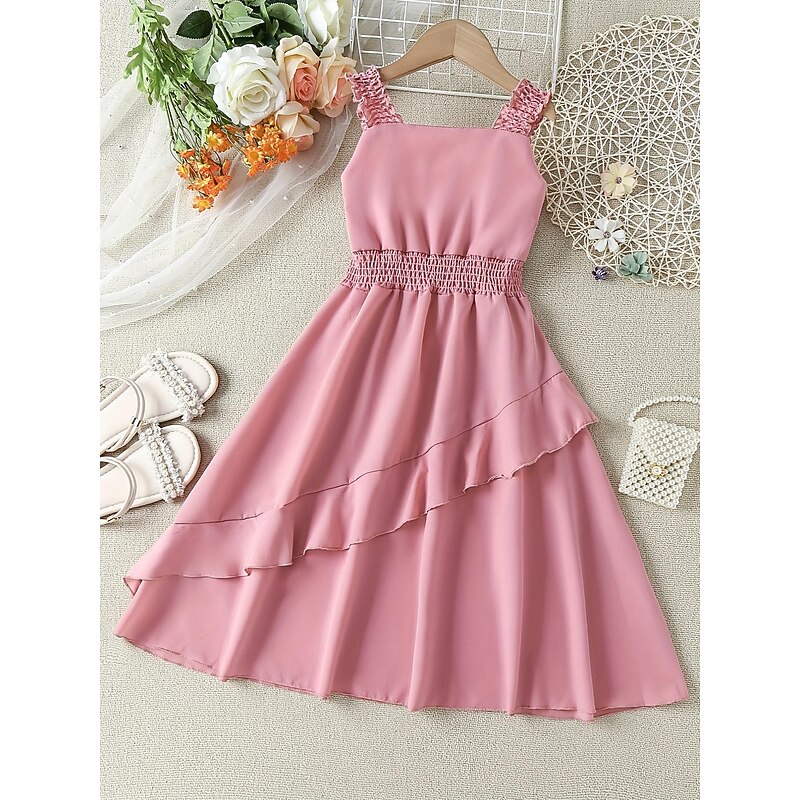 Girls Shirred Waist Ruffle Trim Cami Dress For Party Beach Vacation Kids Summer Clothes2