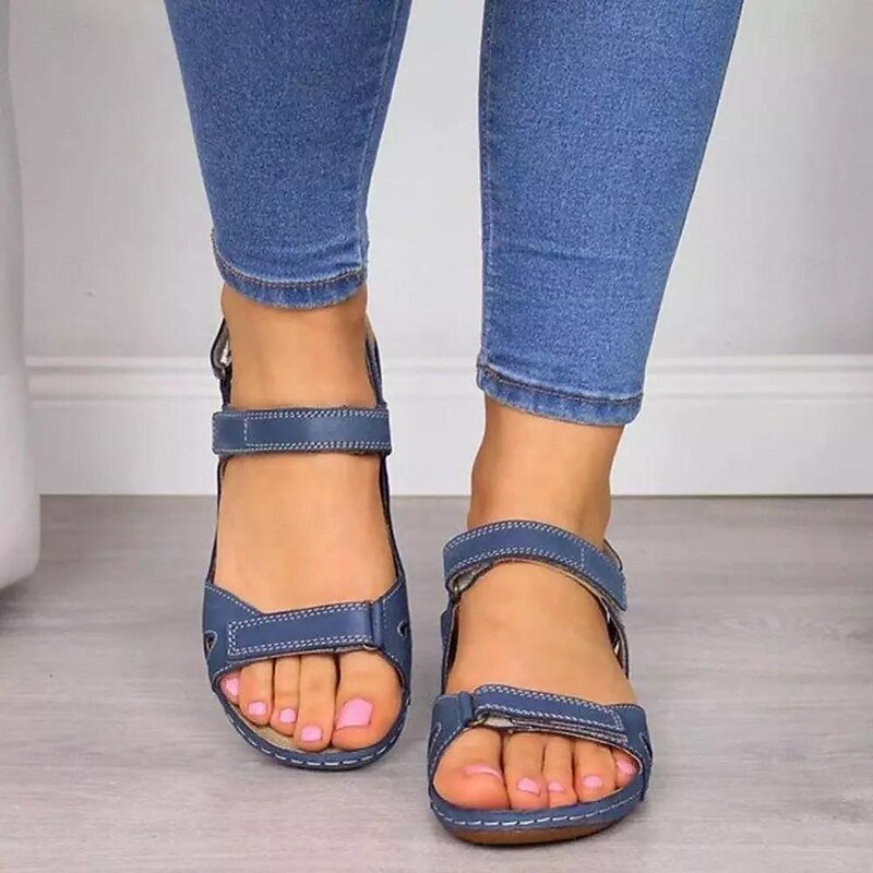 Women's Blue Faux Leather Flat Sandals with Adjustable Hook-and-Loop Straps – Casual Comfort Summer Sandals for Walking, Travel, and Daily Wear3