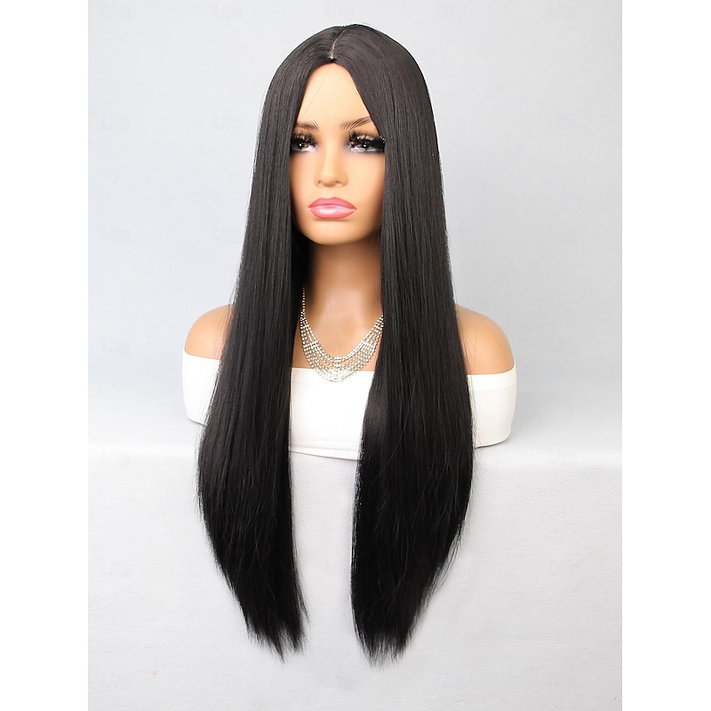 Synthetic Wig Straight Middle Part Wig 28 inch Black Synthetic Hair Women's Black2