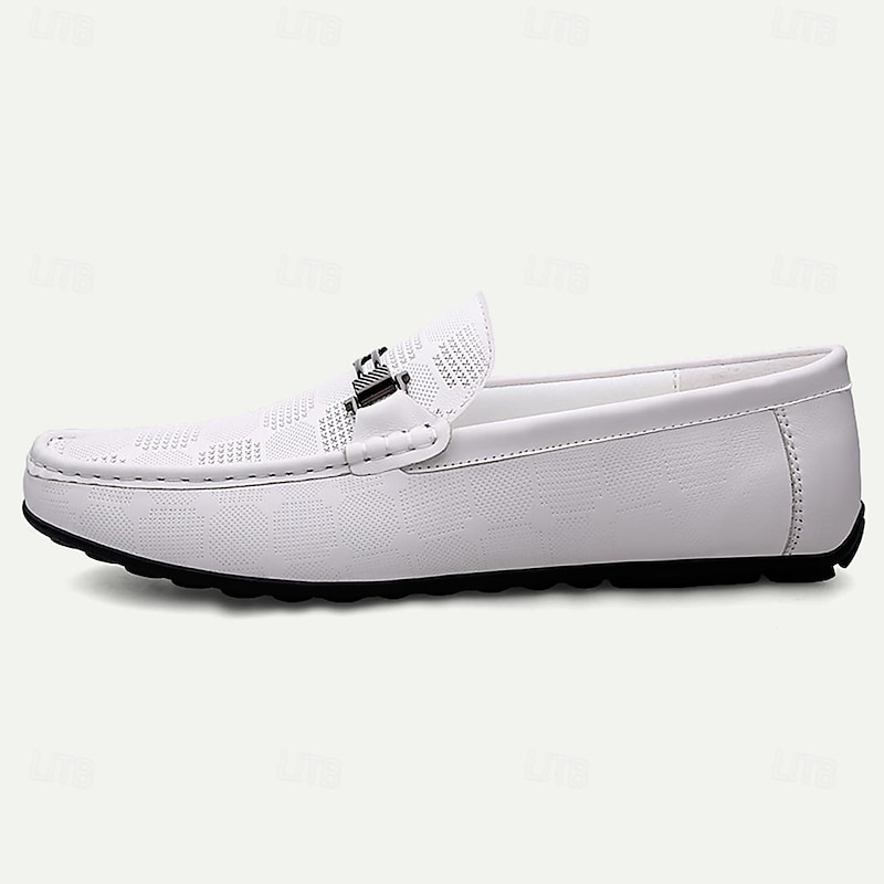 Men's White Leather Slip-On Loafers - Stylish Checker Pattern Driving Shoes3