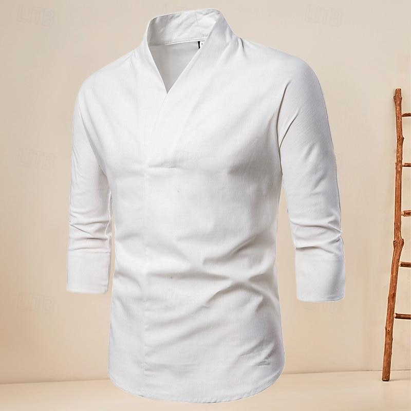 Men's Shirt Cotton Linen Shirt Casual Shirt Plain Casual Daily Black White Navy Blue Long Sleeve V Neck Summer Clothing Apparel
