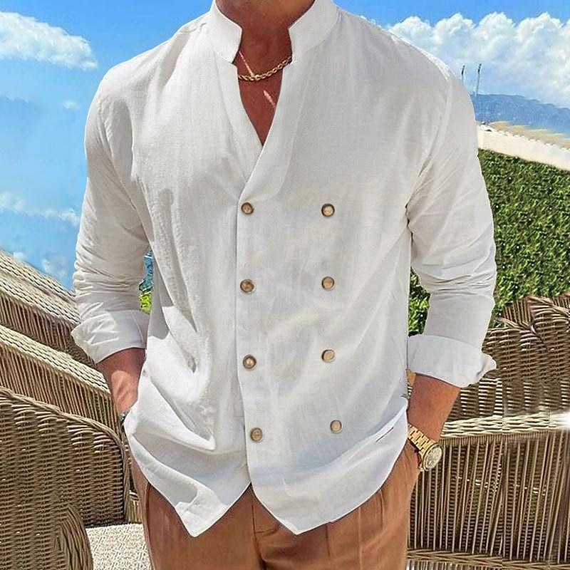 Men's Shirt Linen Shirt Popover Shirt Summer Shirt Beach Wear Button Up Shirt Plain Vacation Curise Black Blue Beige Long Sleeve Band Collar Spring & Summer Clothing Apparel